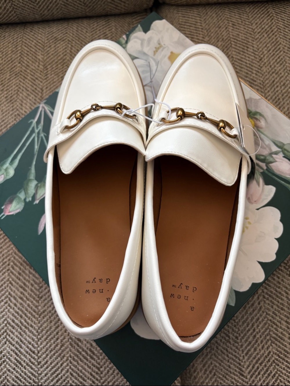 White Leather Slip-On Loafers with Gold